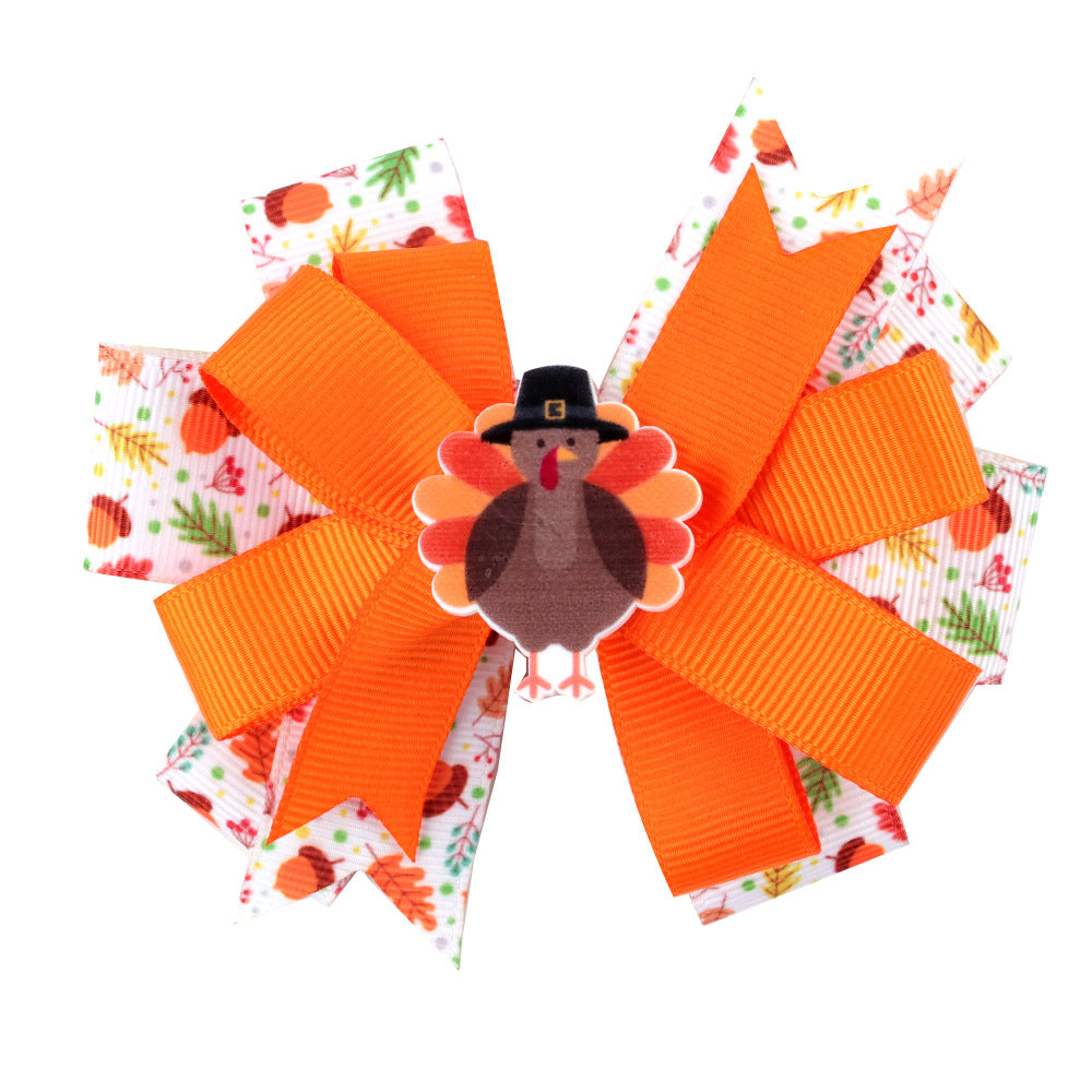 Wholesale 10pcs/pack Thanksgiving Children' s Bow Hairpin Point Small Turkey Accessories Headwear Rowan Ribbon
